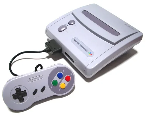 The shrunken Super Famicom Jr. with a controller